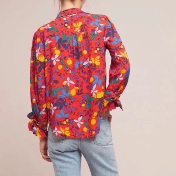 Maeve Red Floral Button-Down Shirt w/ Multicolor fruit Print Sz 12 - Picture 3 of 12